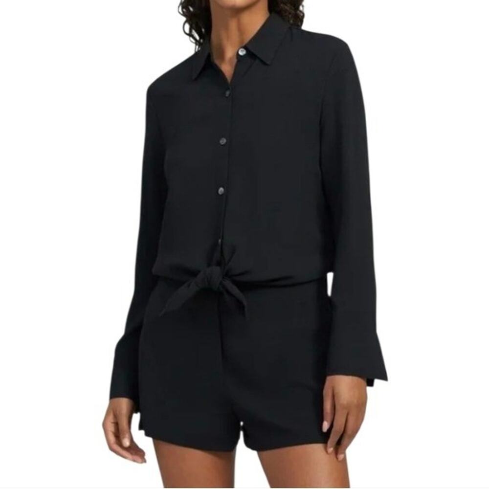 Theory Jumpsuit Black Collared Button Front Long Sleeve Ranay Romper Size 12 New